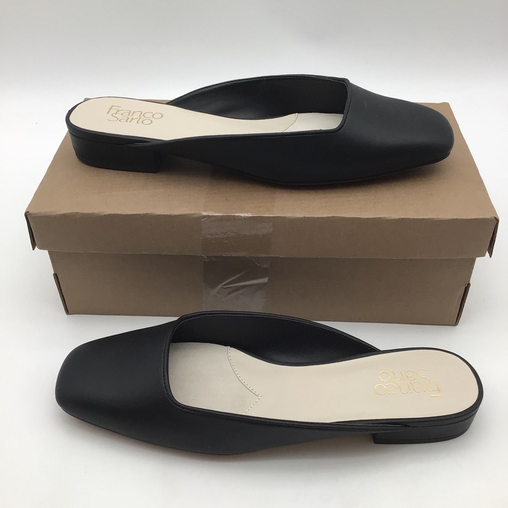 Franco Sarto Dayla Black Square Toe Mules Low Heel Flats Womens Size 8.5M NEW